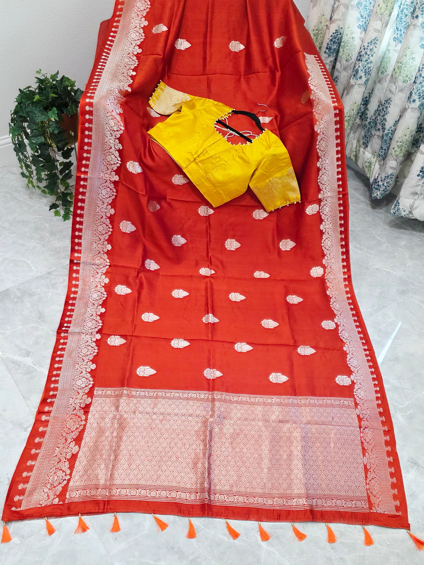 Rust Orange Pure Mango Benarasi Silk Saree with Marigold Yellow Stitched Blouse