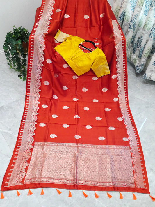 Rust Orange Pure Mango Benarasi Silk Saree with Marigold Yellow Stitched Blouse