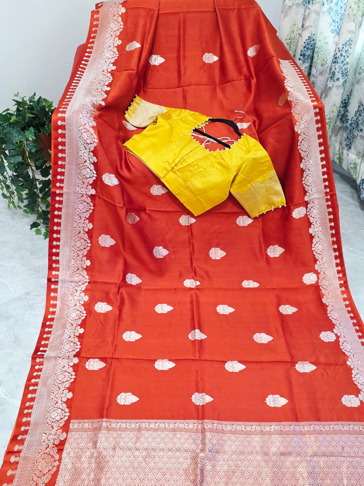 Rust Orange Pure Mango Benarasi Silk Saree with Marigold Yellow Stitched Blouse