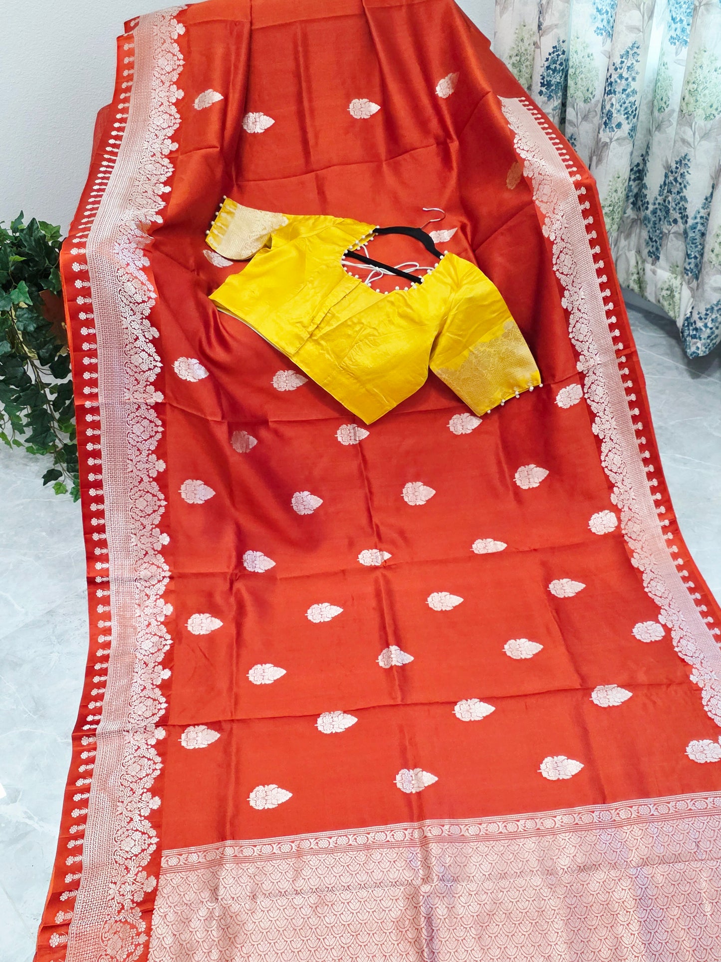 Rust Orange Pure Mango Benarasi Silk Saree with Marigold Yellow Stitched Blouse