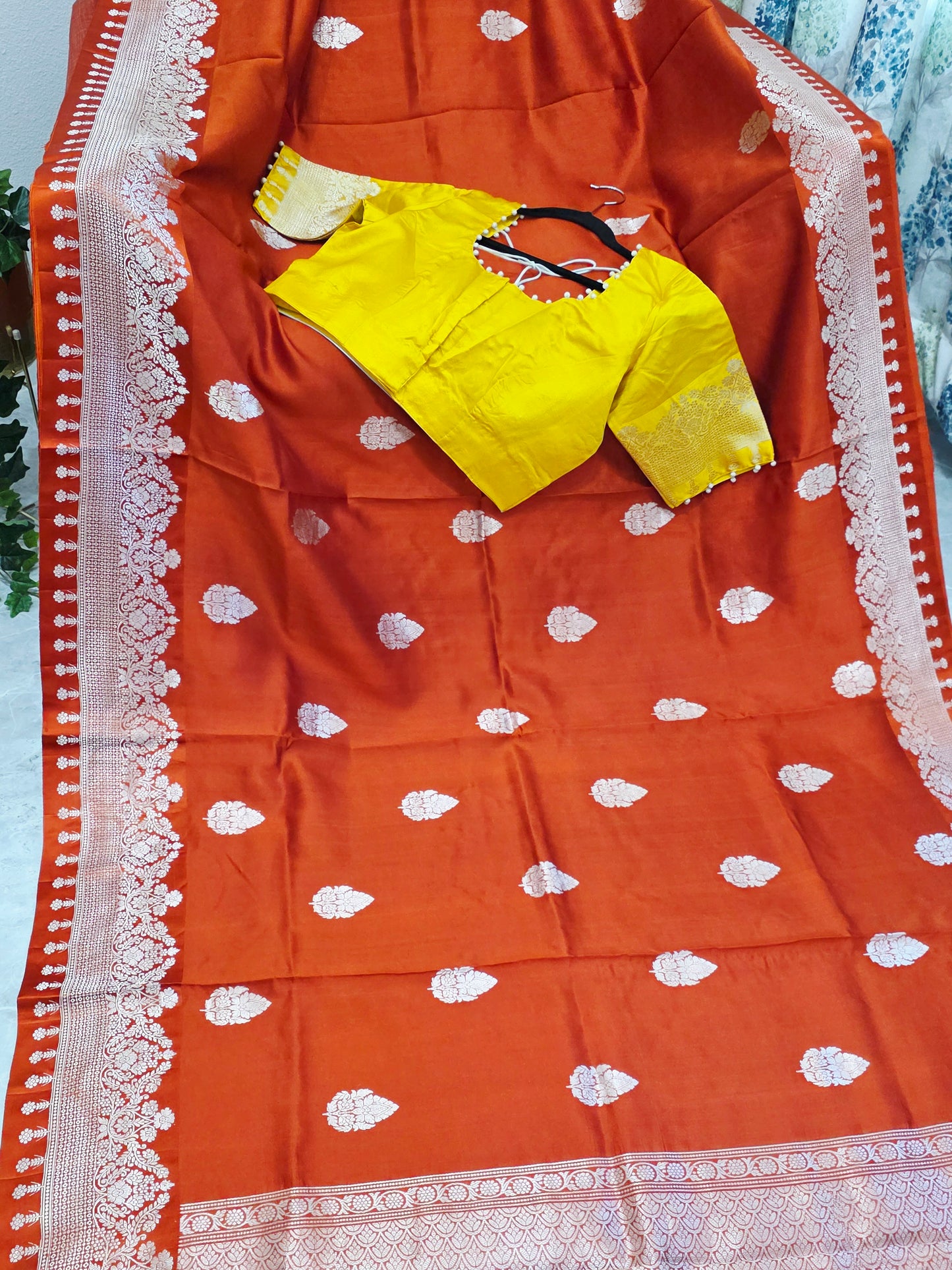 Rust Orange Pure Mango Benarasi Silk Saree with Marigold Yellow Stitched Blouse