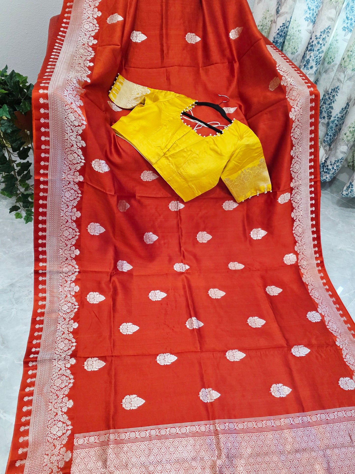 Rust Orange Pure Mango Benarasi Silk Saree with Marigold Yellow Stitched Blouse