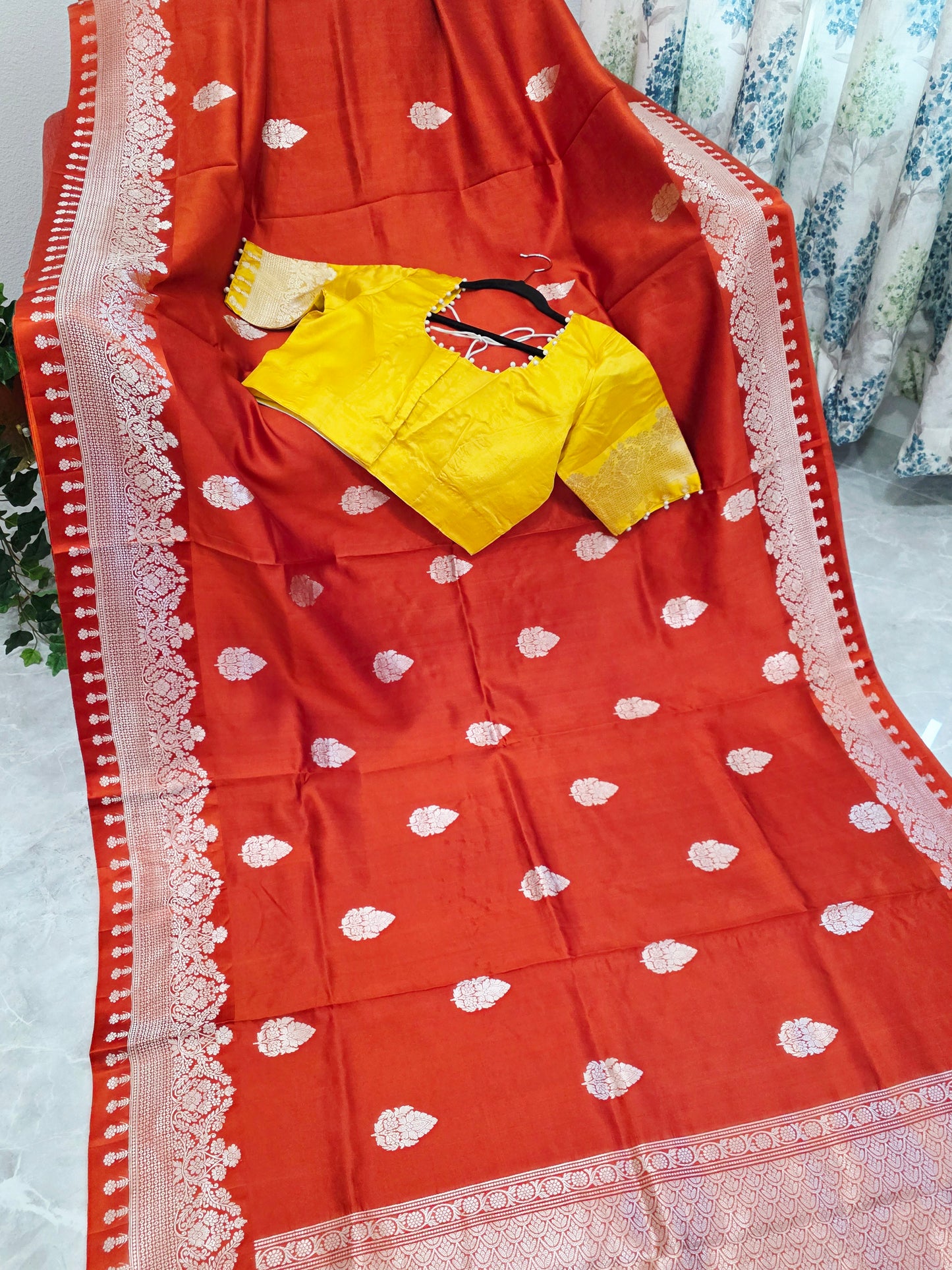 Rust Orange Pure Mango Benarasi Silk Saree with Marigold Yellow Stitched Blouse