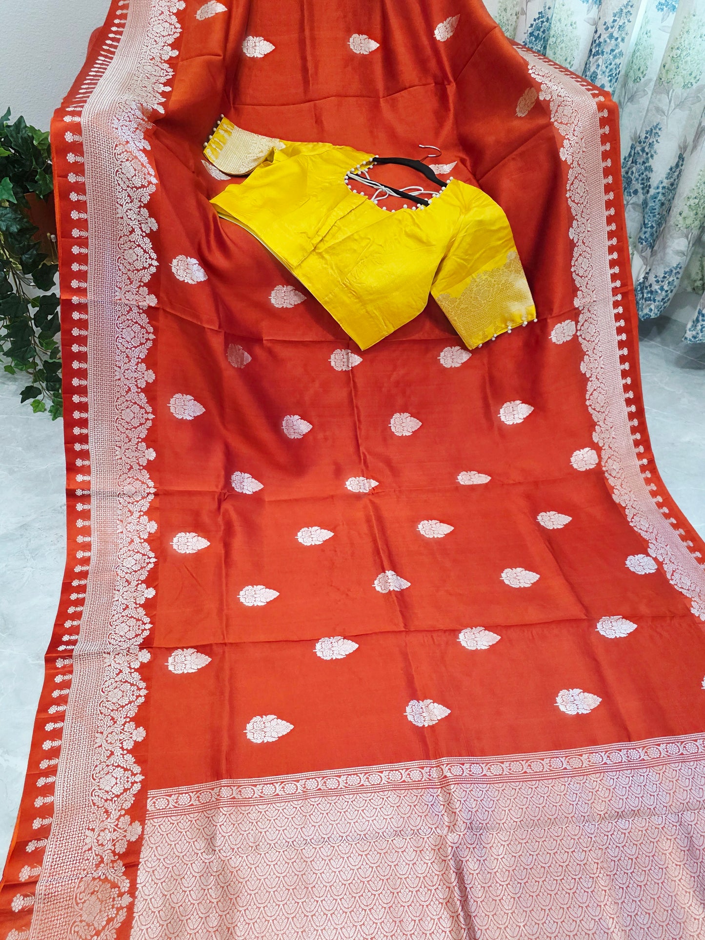 Rust Orange Pure Mango Benarasi Silk Saree with Marigold Yellow Stitched Blouse