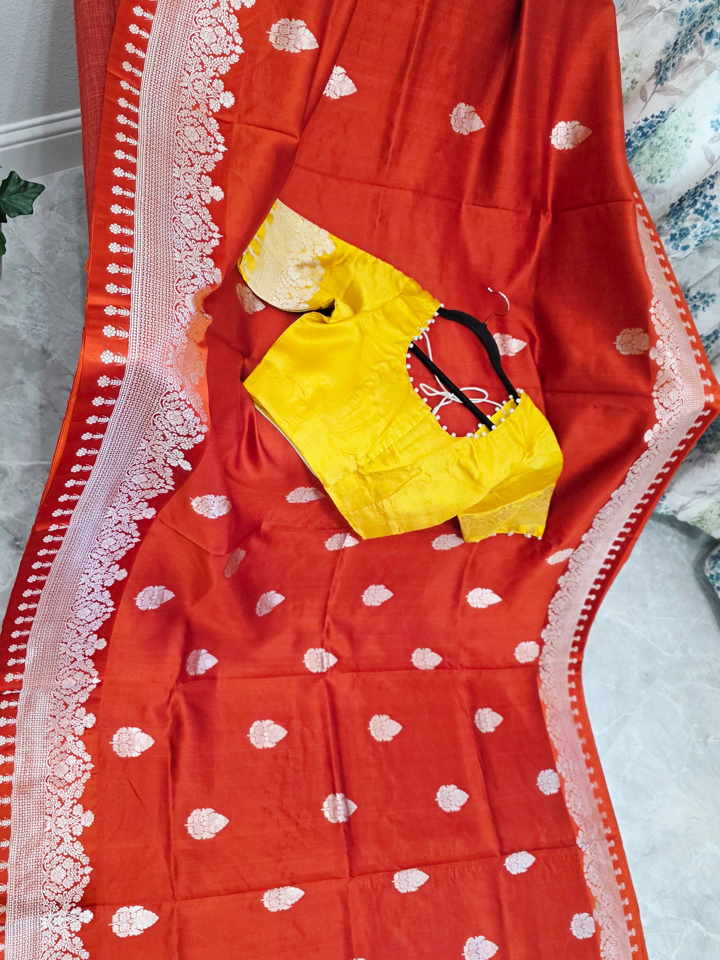 Rust Orange Pure Mango Benarasi Silk Saree with Marigold Yellow Stitched Blouse