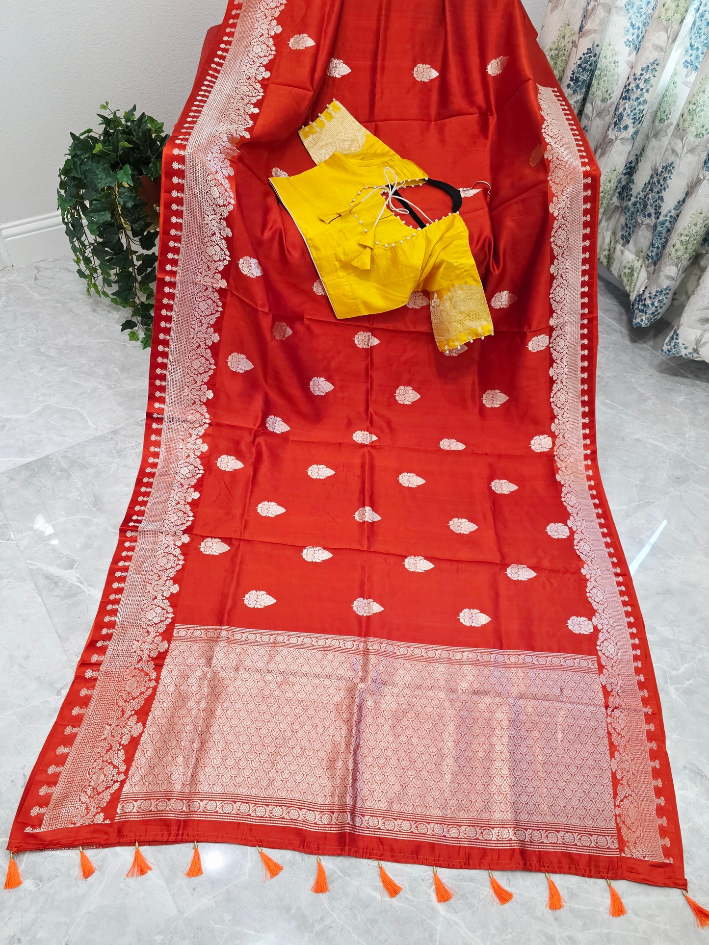 Rust Orange Pure Mango Benarasi Silk Saree with Marigold Yellow Stitched Blouse