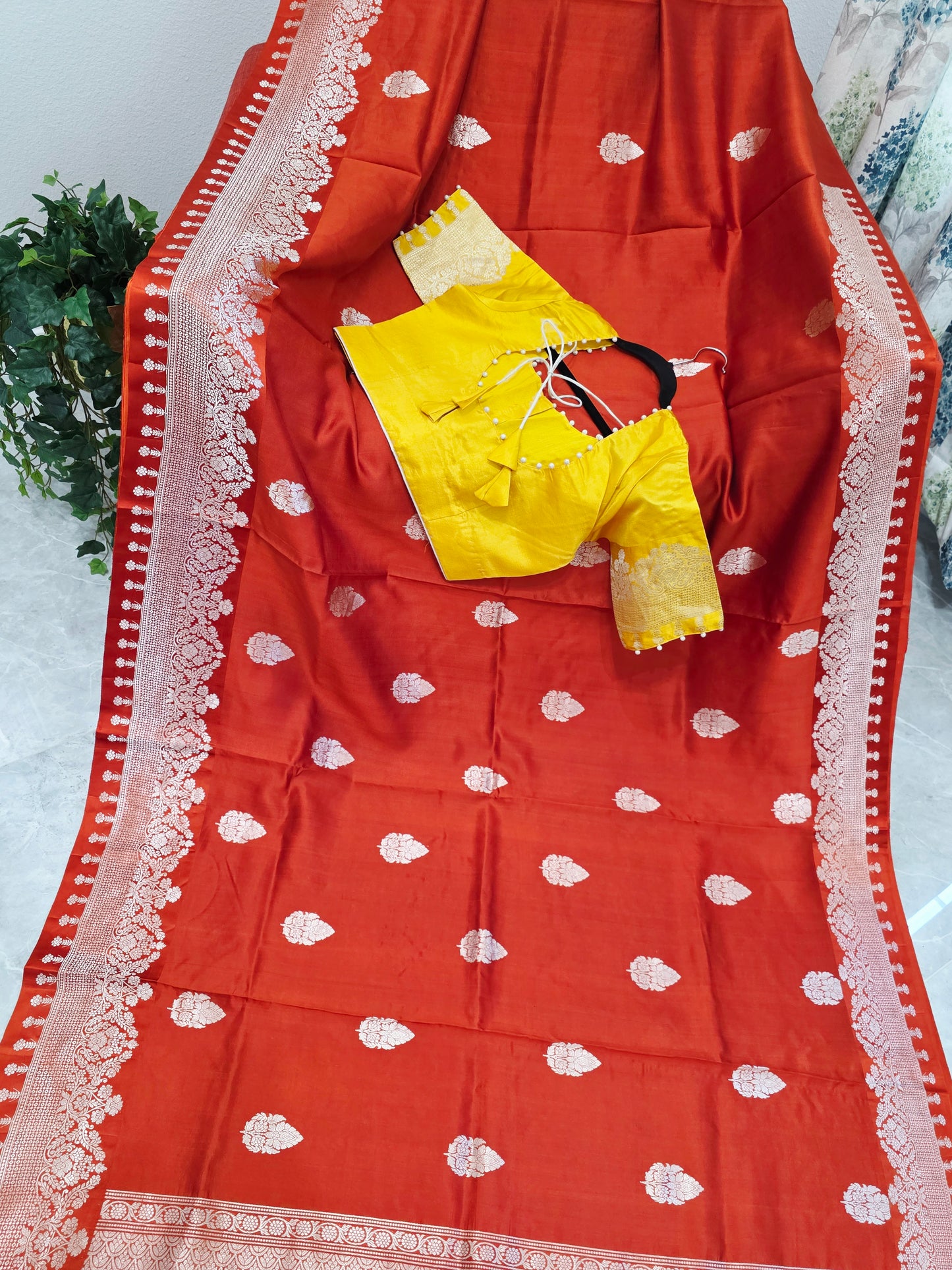 Rust Orange Pure Mango Benarasi Silk Saree with Marigold Yellow Stitched Blouse