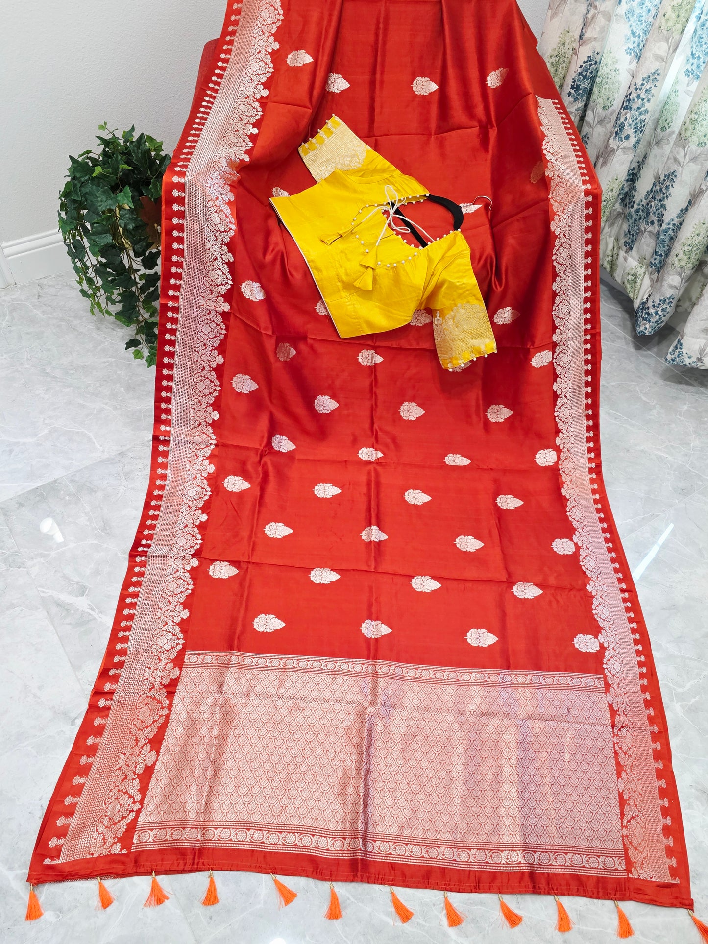 Rust Orange Pure Mango Benarasi Silk Saree with Marigold Yellow Stitched Blouse