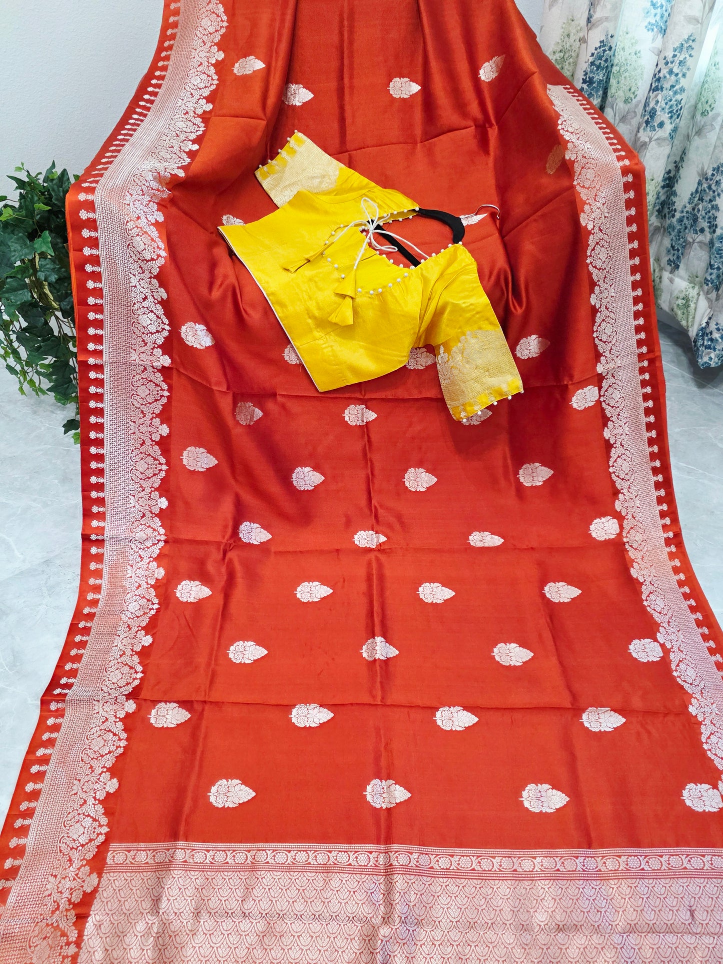 Rust Orange Pure Mango Benarasi Silk Saree with Marigold Yellow Stitched Blouse