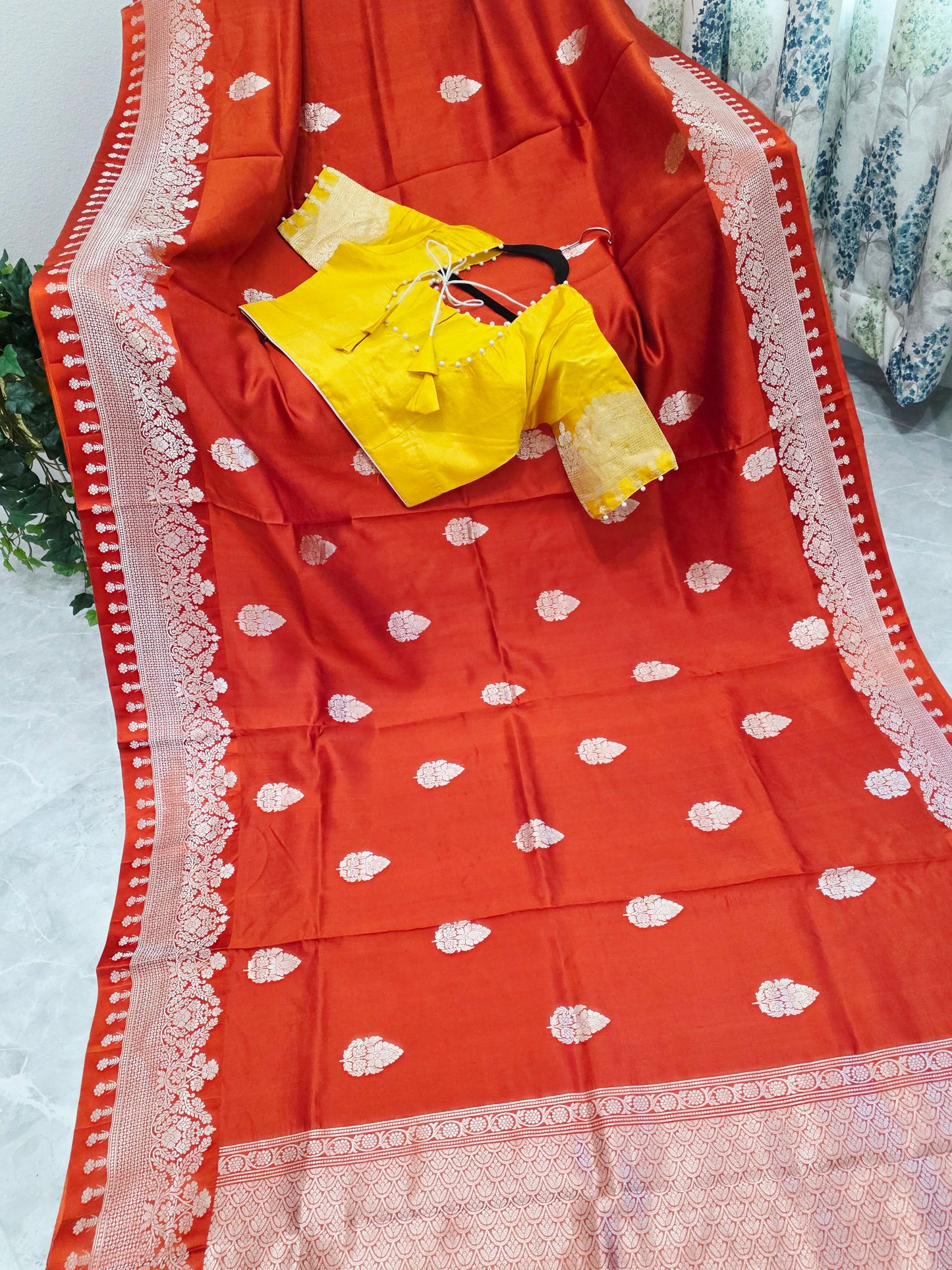 Rust Orange Pure Mango Benarasi Silk Saree with Marigold Yellow Stitched Blouse