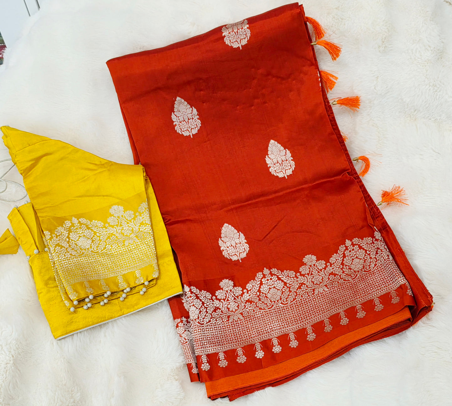 Rust Orange Pure Mango Benarasi Silk Saree with Marigold Yellow Stitched Blouse