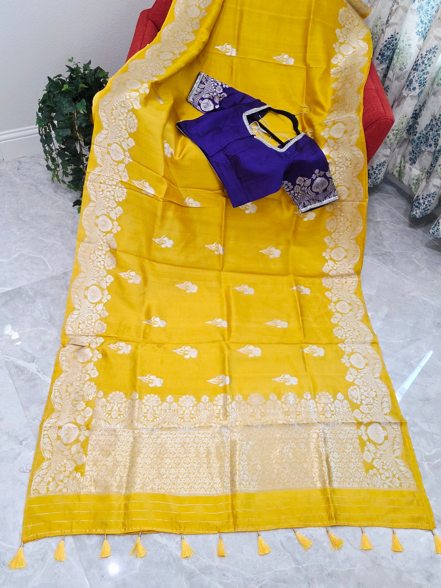 Royal Sunshine Yellow Pure Mango Benarasi Silk Saree with Ready Blouse