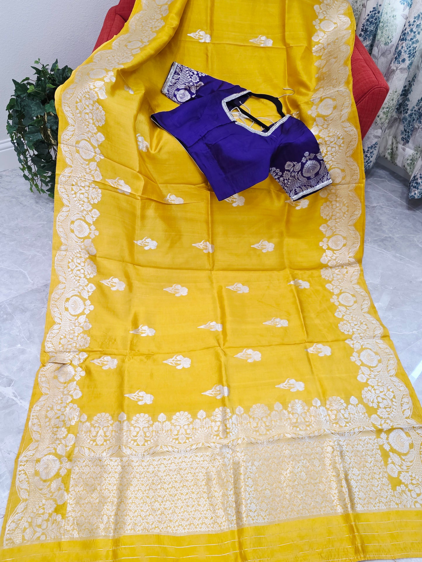 Royal Sunshine Yellow Pure Mango Benarasi Silk Saree with Ready Blouse