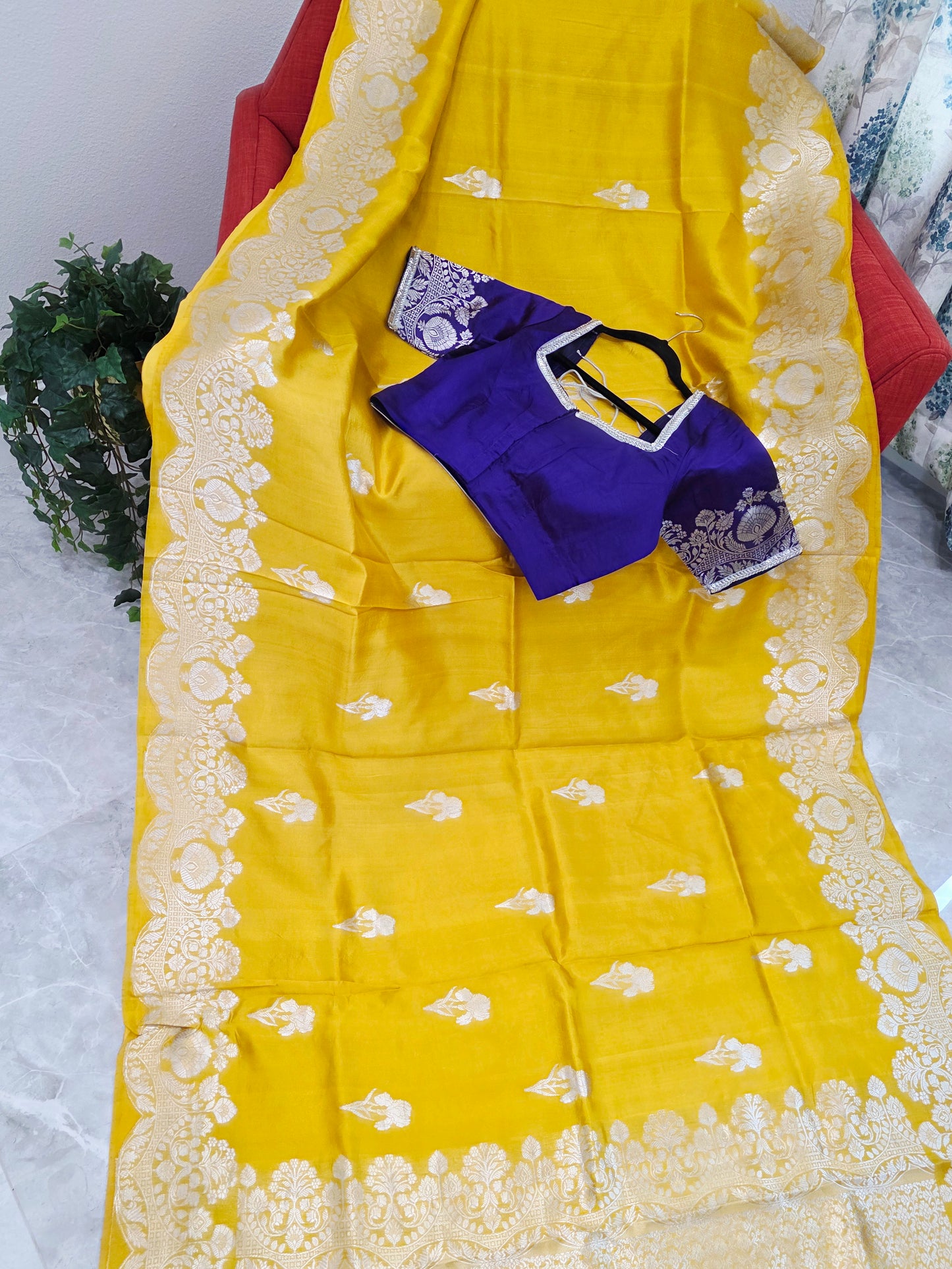 Royal Sunshine Yellow Pure Mango Benarasi Silk Saree with Ready Blouse
