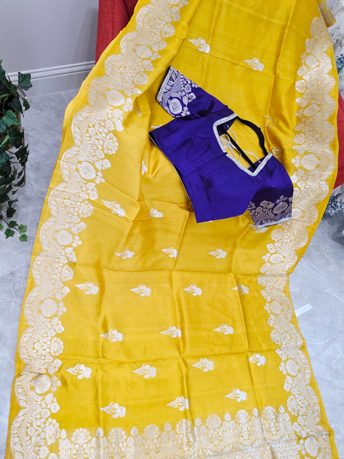 Royal Sunshine Yellow Pure Mango Benarasi Silk Saree with Ready Blouse
