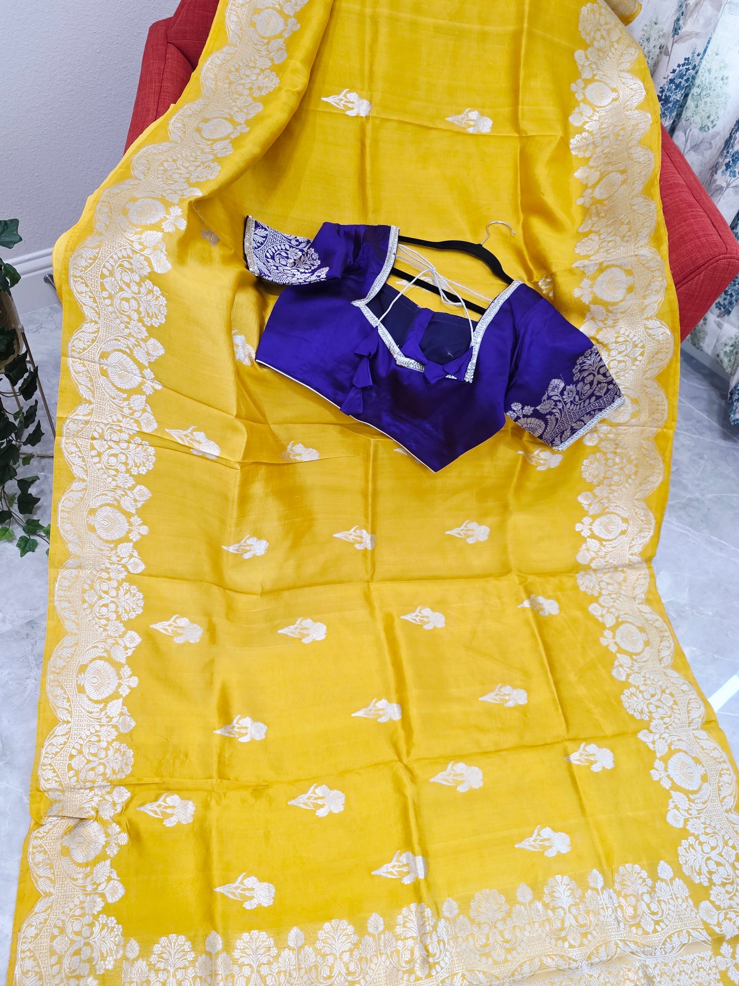 Royal Sunshine Yellow Pure Mango Benarasi Silk Saree with Ready Blouse