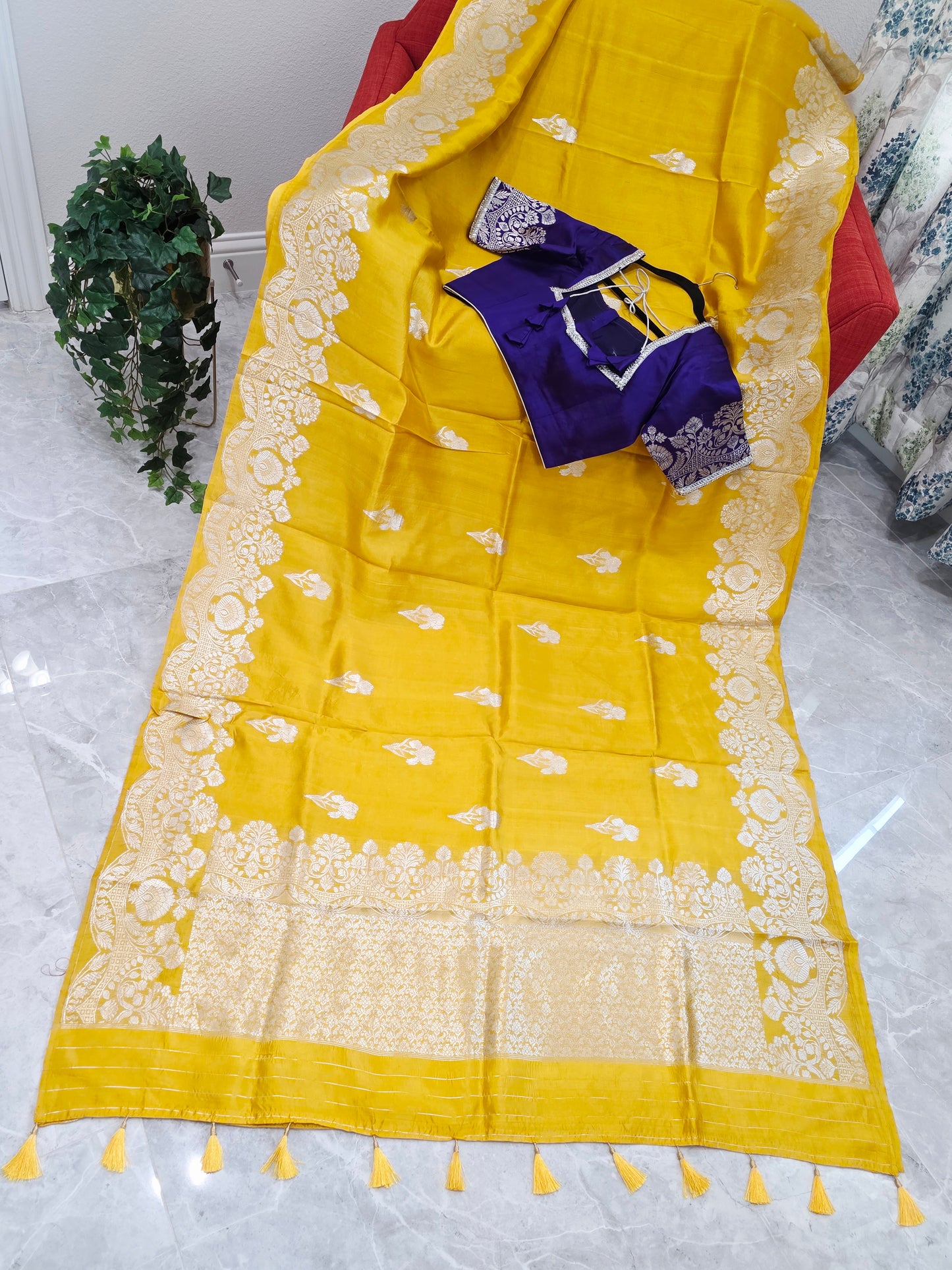 Royal Sunshine Yellow Pure Mango Benarasi Silk Saree with Ready Blouse