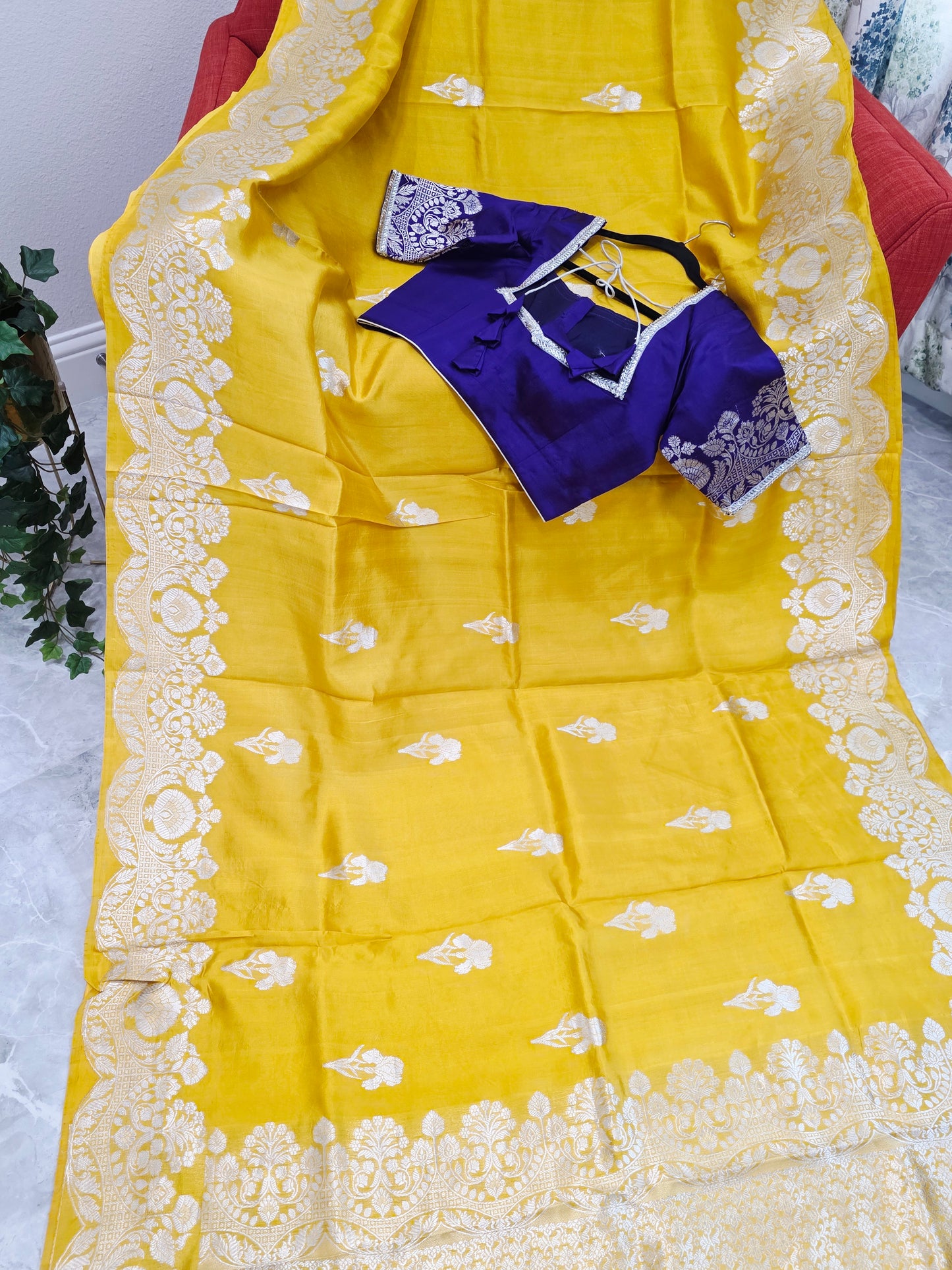 Royal Sunshine Yellow Pure Mango Benarasi Silk Saree with Ready Blouse