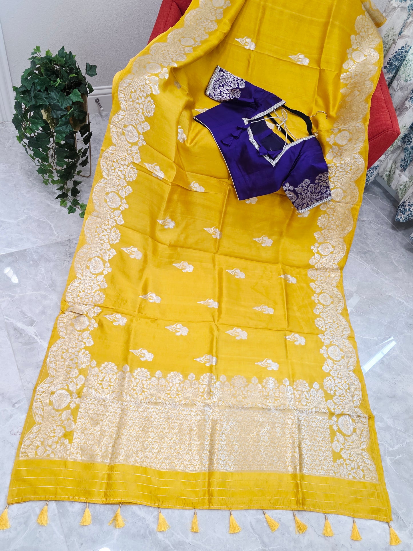 Royal Sunshine Yellow Pure Mango Benarasi Silk Saree with Ready Blouse