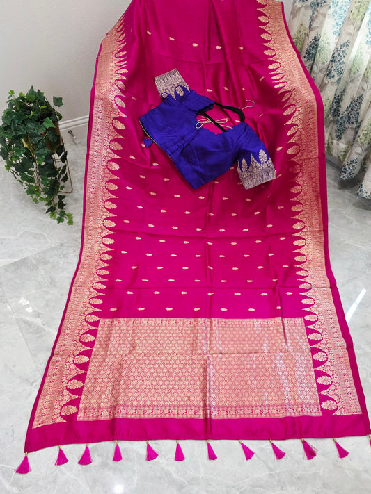 Royal Fuchsia Pink Pure Mango Benarasi Silk Saree with Ready Blouse