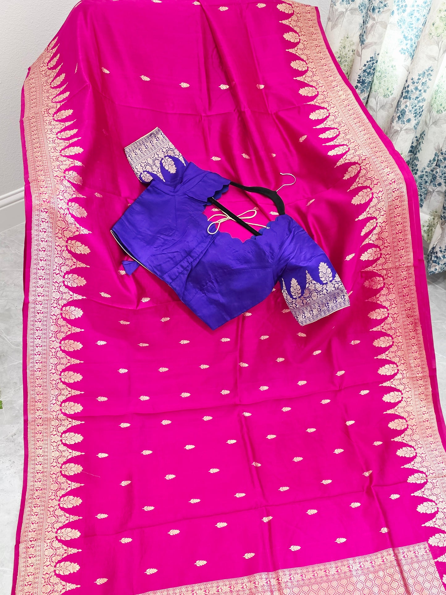 Royal Fuchsia Pink Pure Mango Benarasi Silk Saree with Ready Blouse