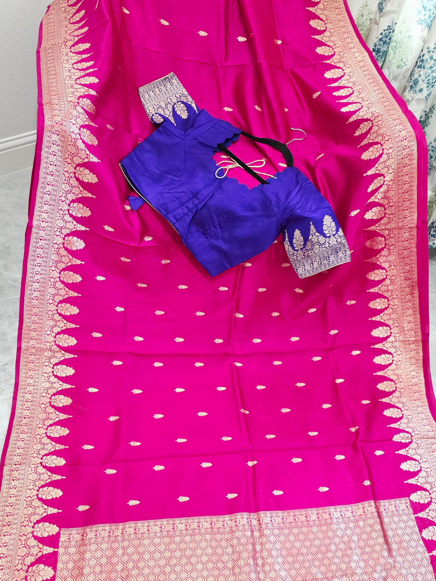 Royal Fuchsia Pink Pure Mango Benarasi Silk Saree with Ready Blouse