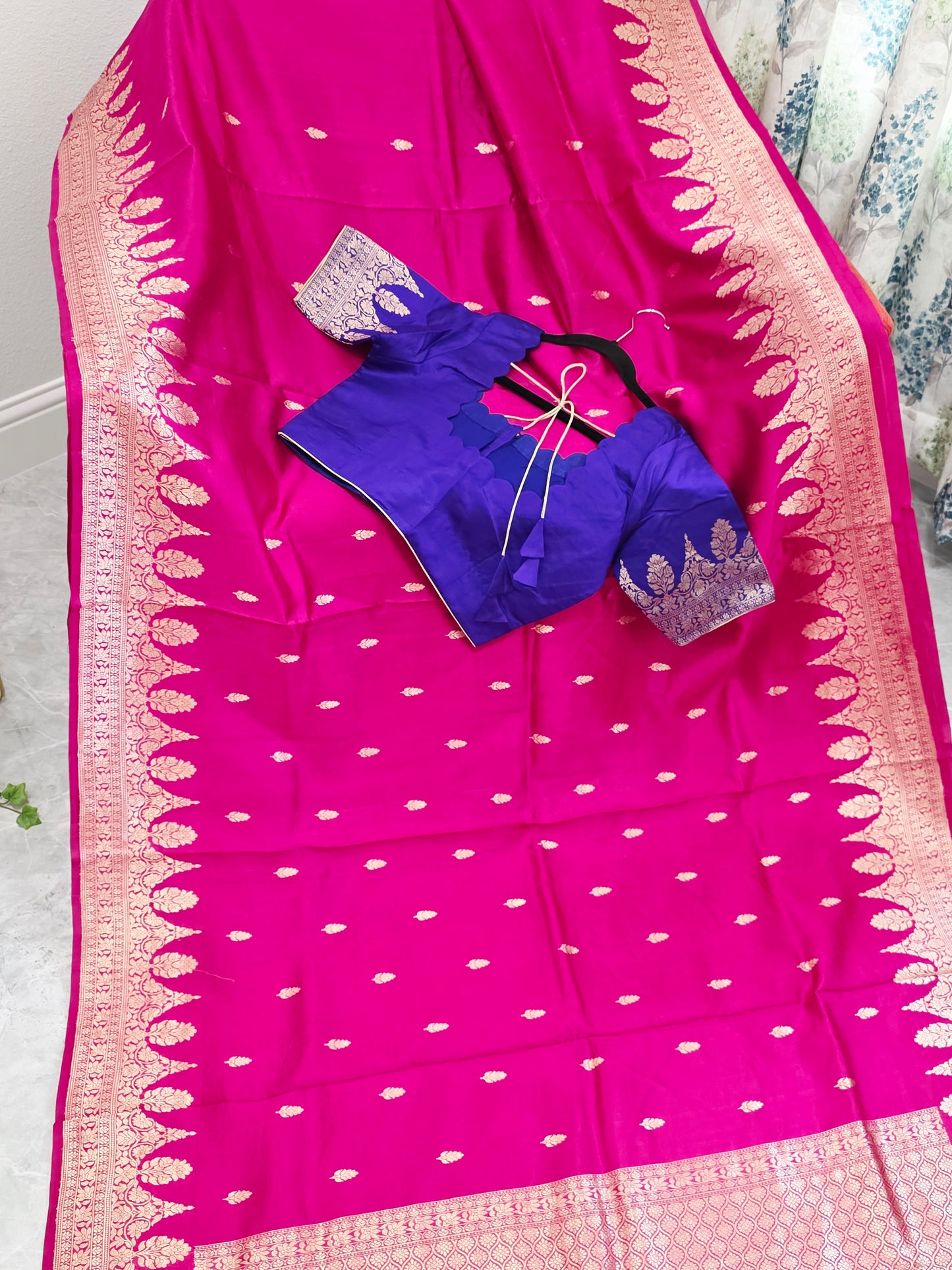 Royal Fuchsia Pink Pure Mango Benarasi Silk Saree with Ready Blouse