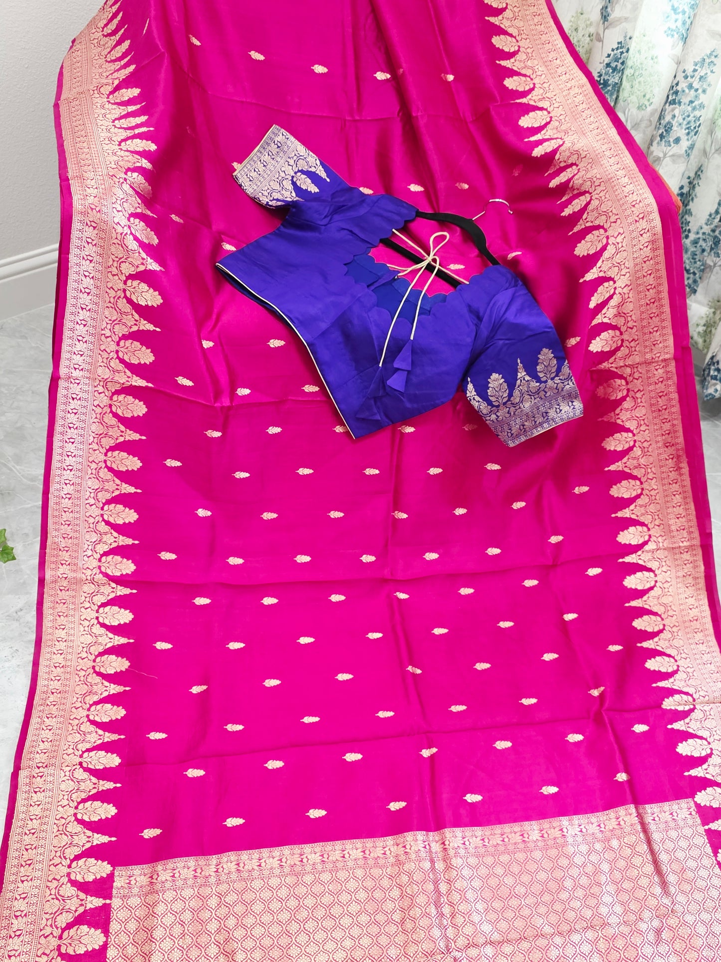 Royal Fuchsia Pink Pure Mango Benarasi Silk Saree with Ready Blouse