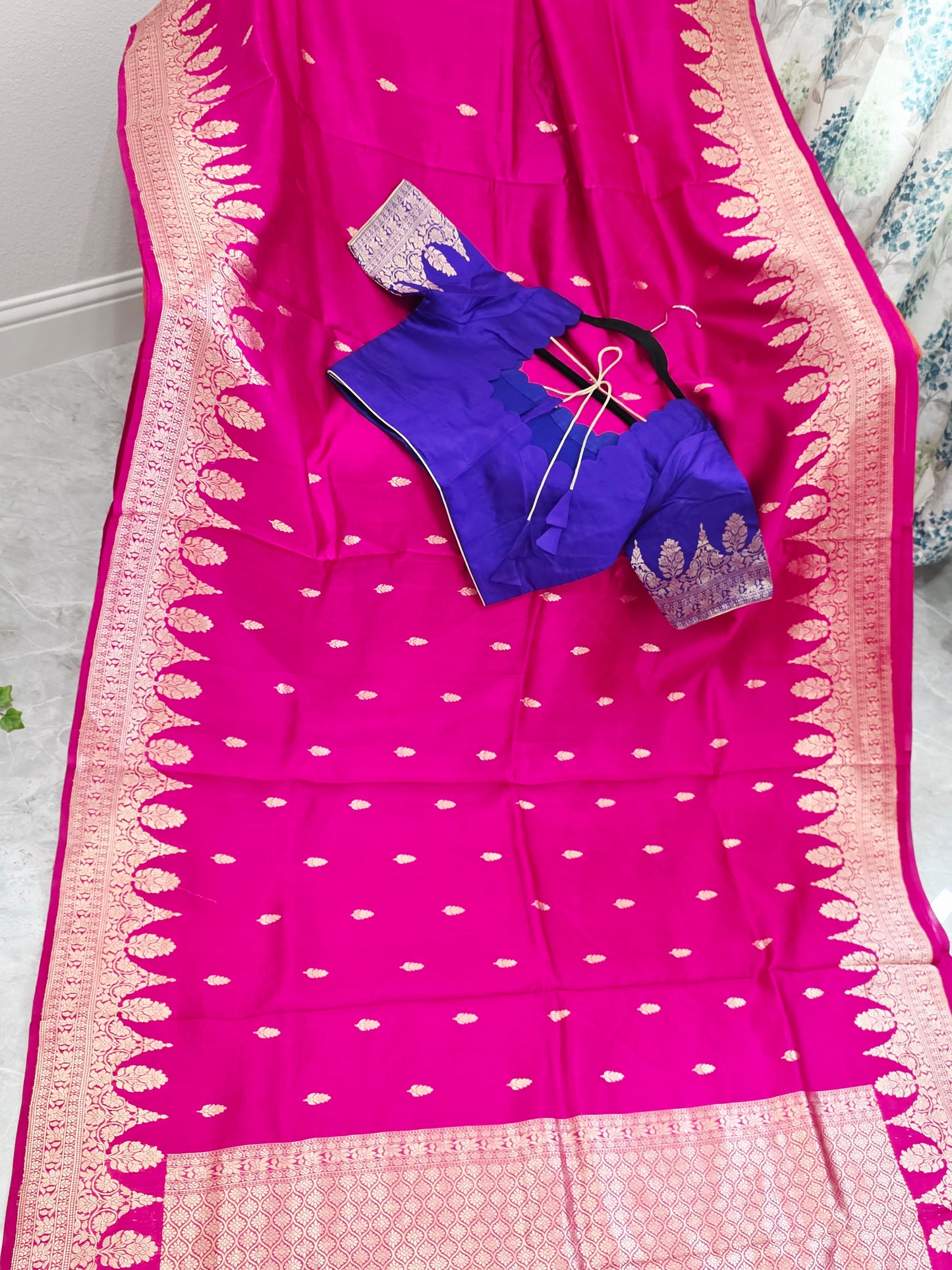 Royal Fuchsia Pink Pure Mango Benarasi Silk Saree with Ready Blouse
