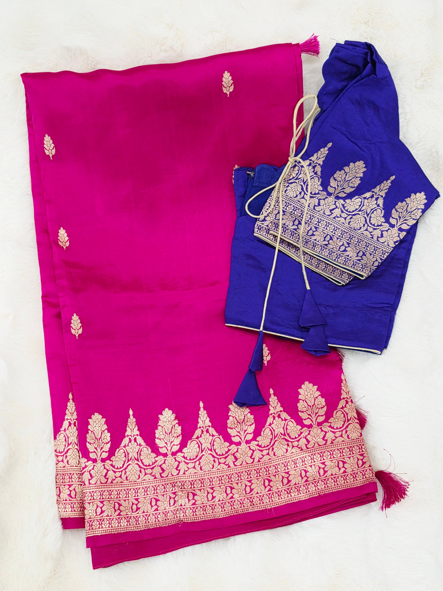 Royal Fuchsia Pink Pure Mango Benarasi Silk Saree with Ready Blouse