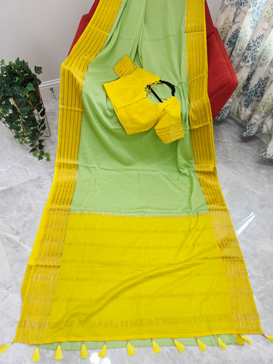 Pastel Pistachio & Sunshine Yellow Pure Mysore Crepe Silk Saree with Ready Blouse