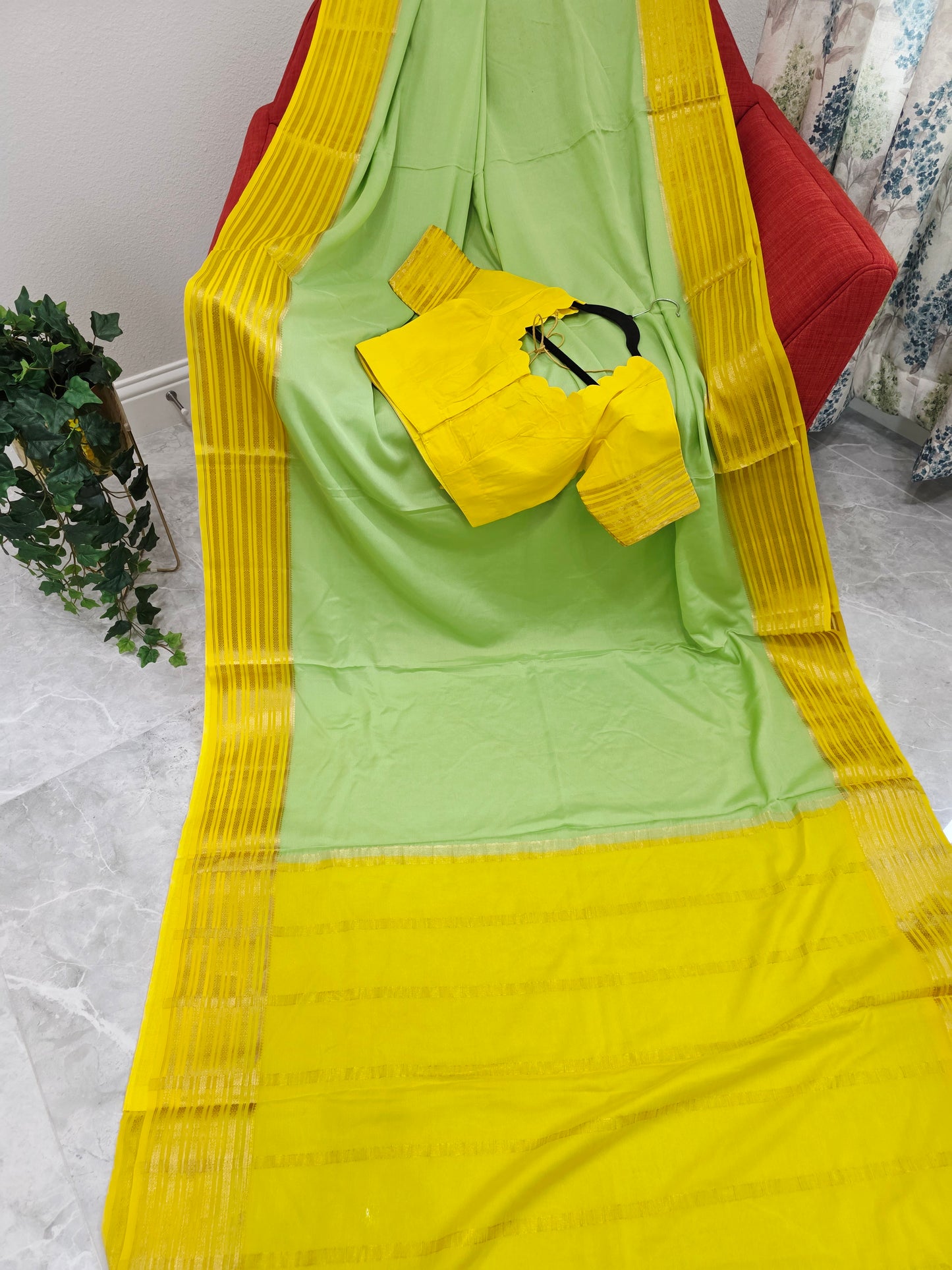 Pastel Pistachio & Sunshine Yellow Pure Mysore Crepe Silk Saree with Ready Blouse