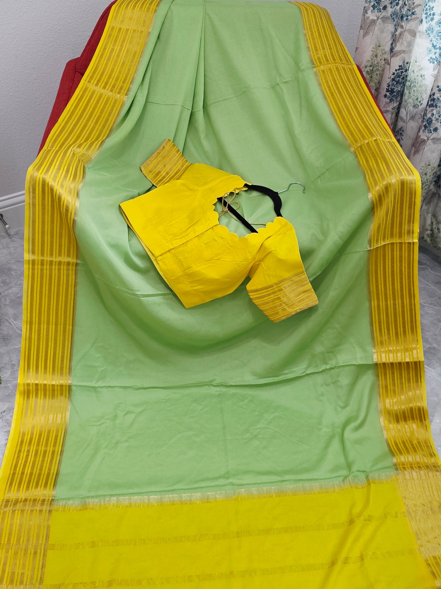 Pastel Pistachio & Sunshine Yellow Pure Mysore Crepe Silk Saree with Ready Blouse