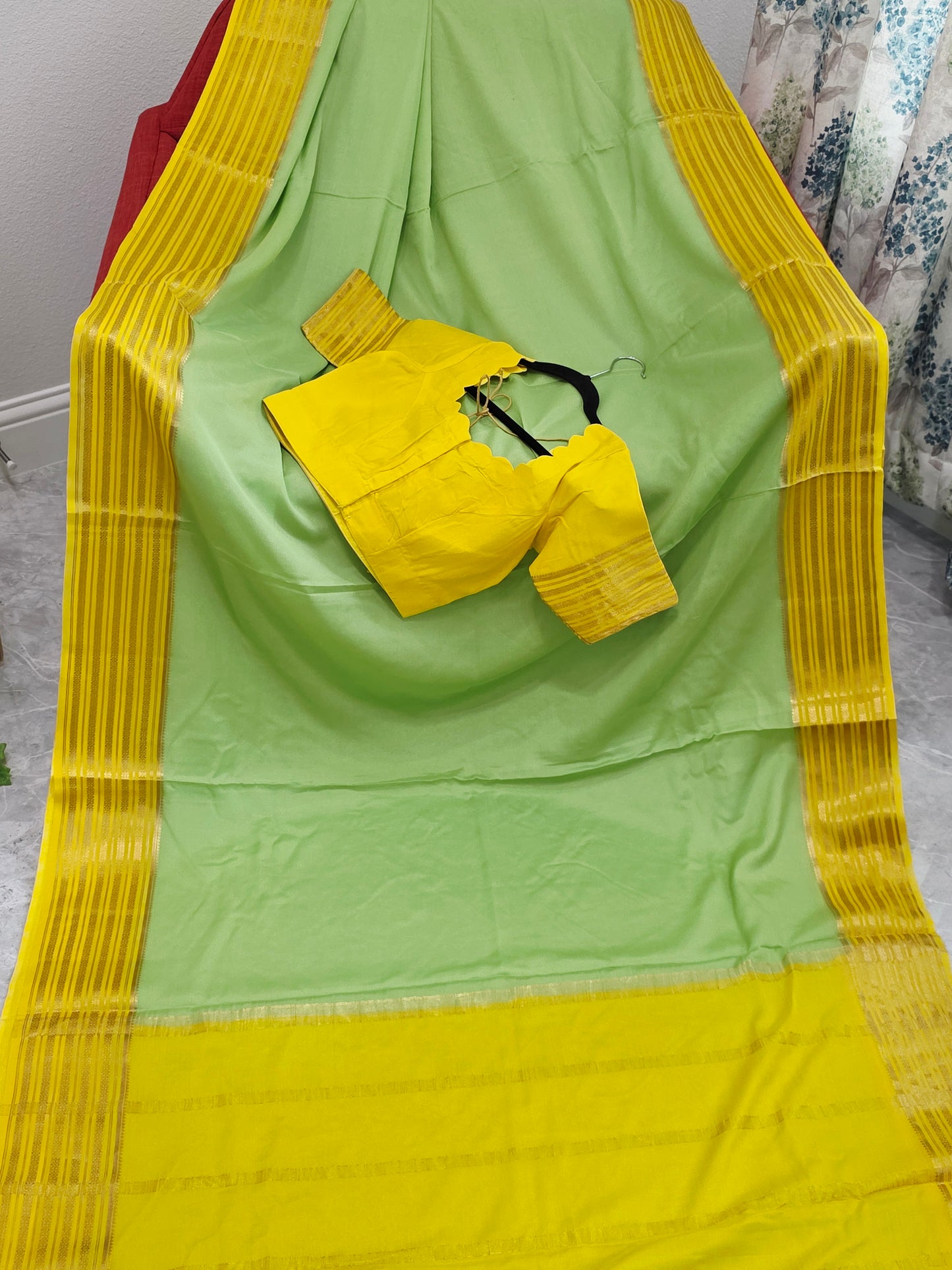 Pastel Pistachio & Sunshine Yellow Pure Mysore Crepe Silk Saree with Ready Blouse