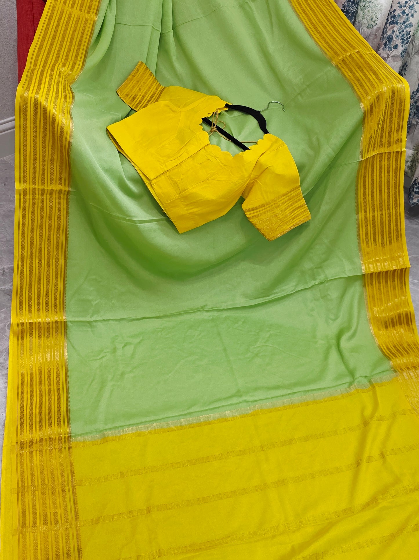 Pastel Pistachio & Sunshine Yellow Pure Mysore Crepe Silk Saree with Ready Blouse