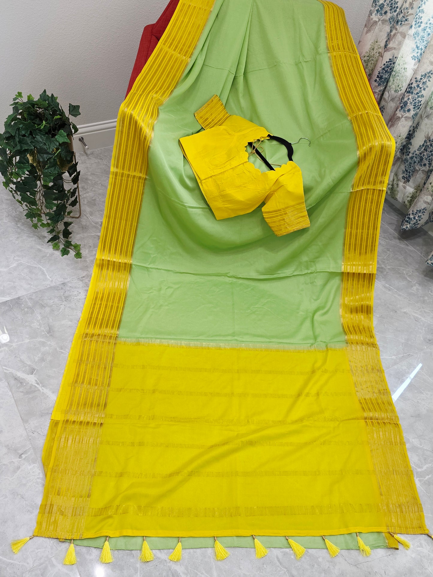 Pastel Pistachio & Sunshine Yellow Pure Mysore Crepe Silk Saree with Ready Blouse
