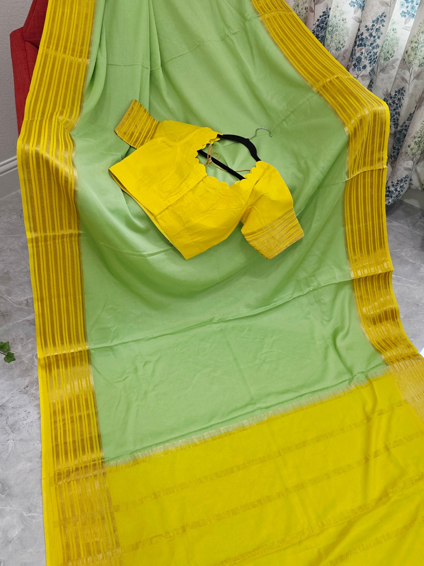 Pastel Pistachio & Sunshine Yellow Pure Mysore Crepe Silk Saree with Ready Blouse