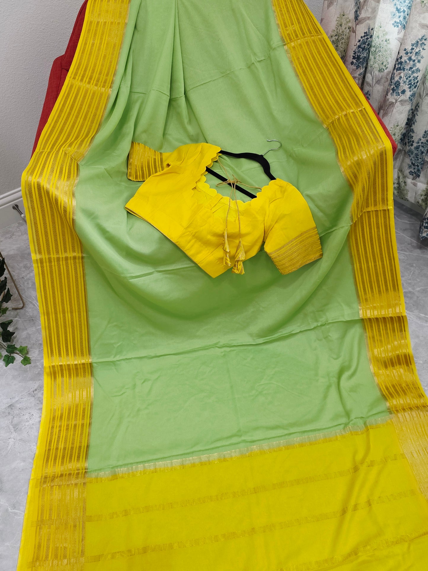 Pastel Pistachio & Sunshine Yellow Pure Mysore Crepe Silk Saree with Ready Blouse