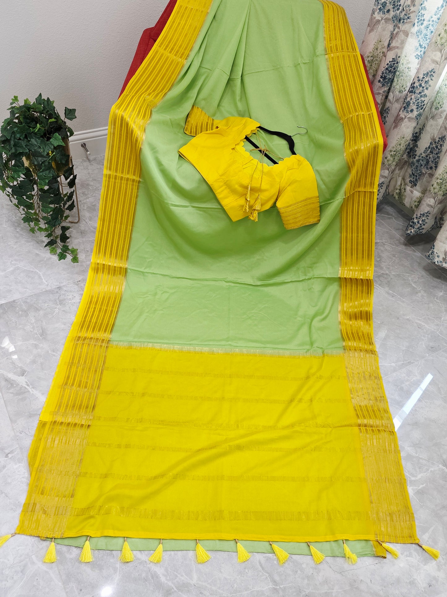 Pastel Pistachio & Sunshine Yellow Pure Mysore Crepe Silk Saree with Ready Blouse