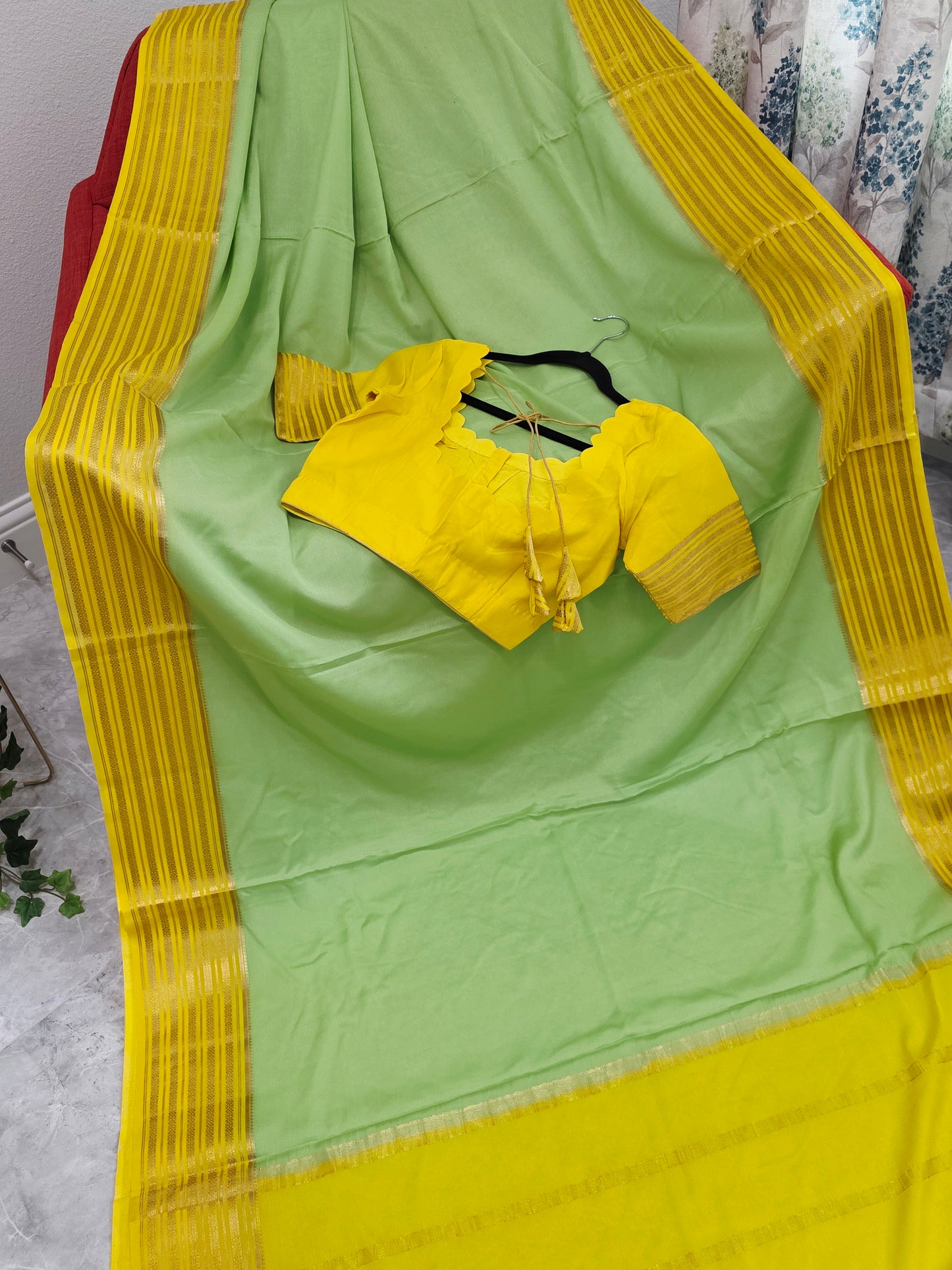 Pastel Pistachio & Sunshine Yellow Pure Mysore Crepe Silk Saree with Ready Blouse