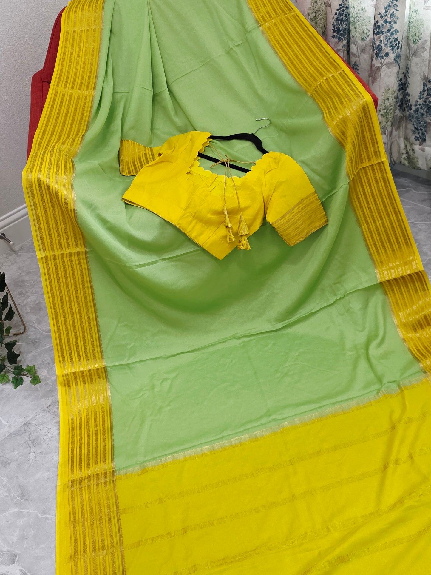 Pastel Pistachio & Sunshine Yellow Pure Mysore Crepe Silk Saree with Ready Blouse