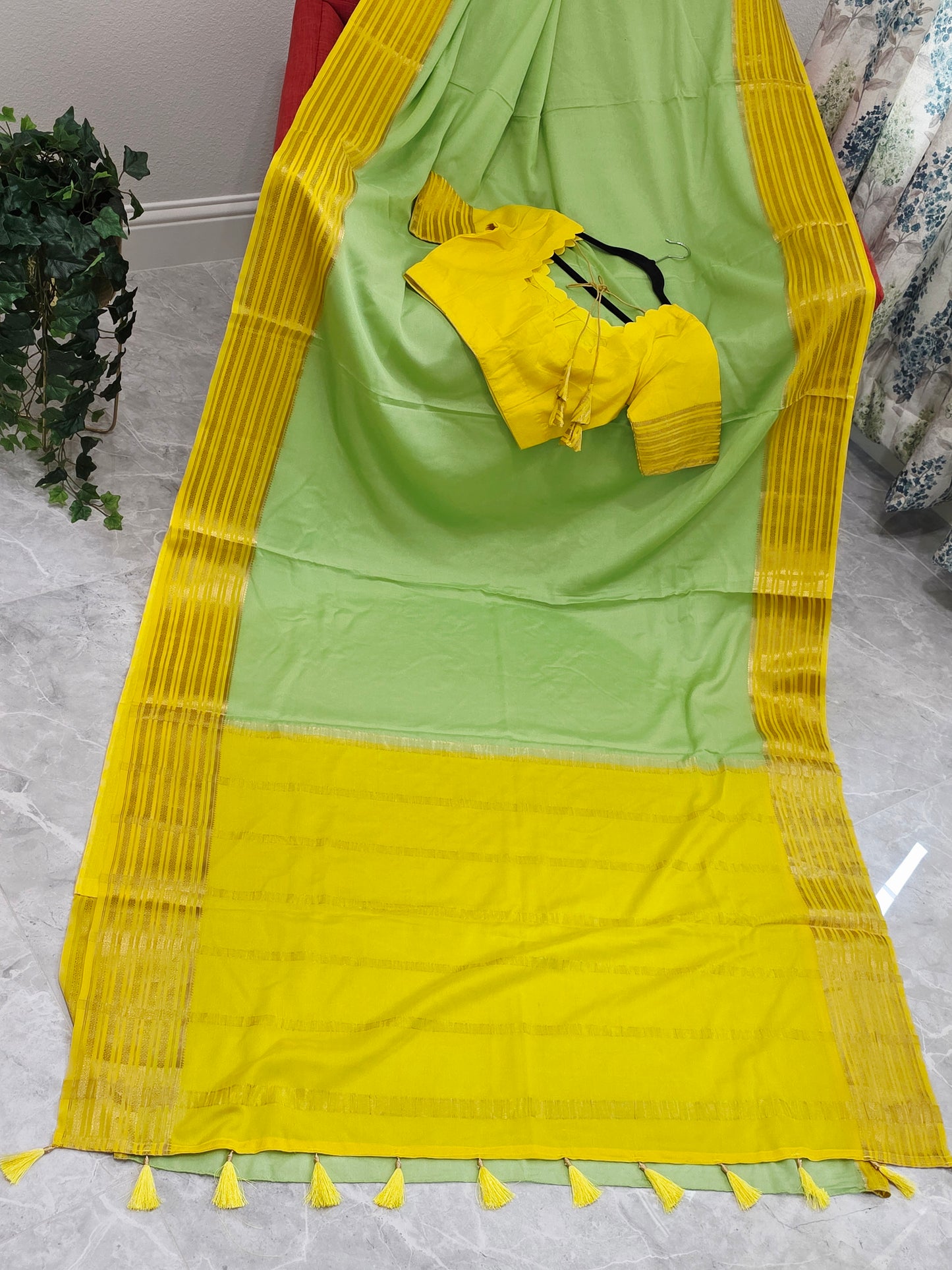 Pastel Pistachio & Sunshine Yellow Pure Mysore Crepe Silk Saree with Ready Blouse