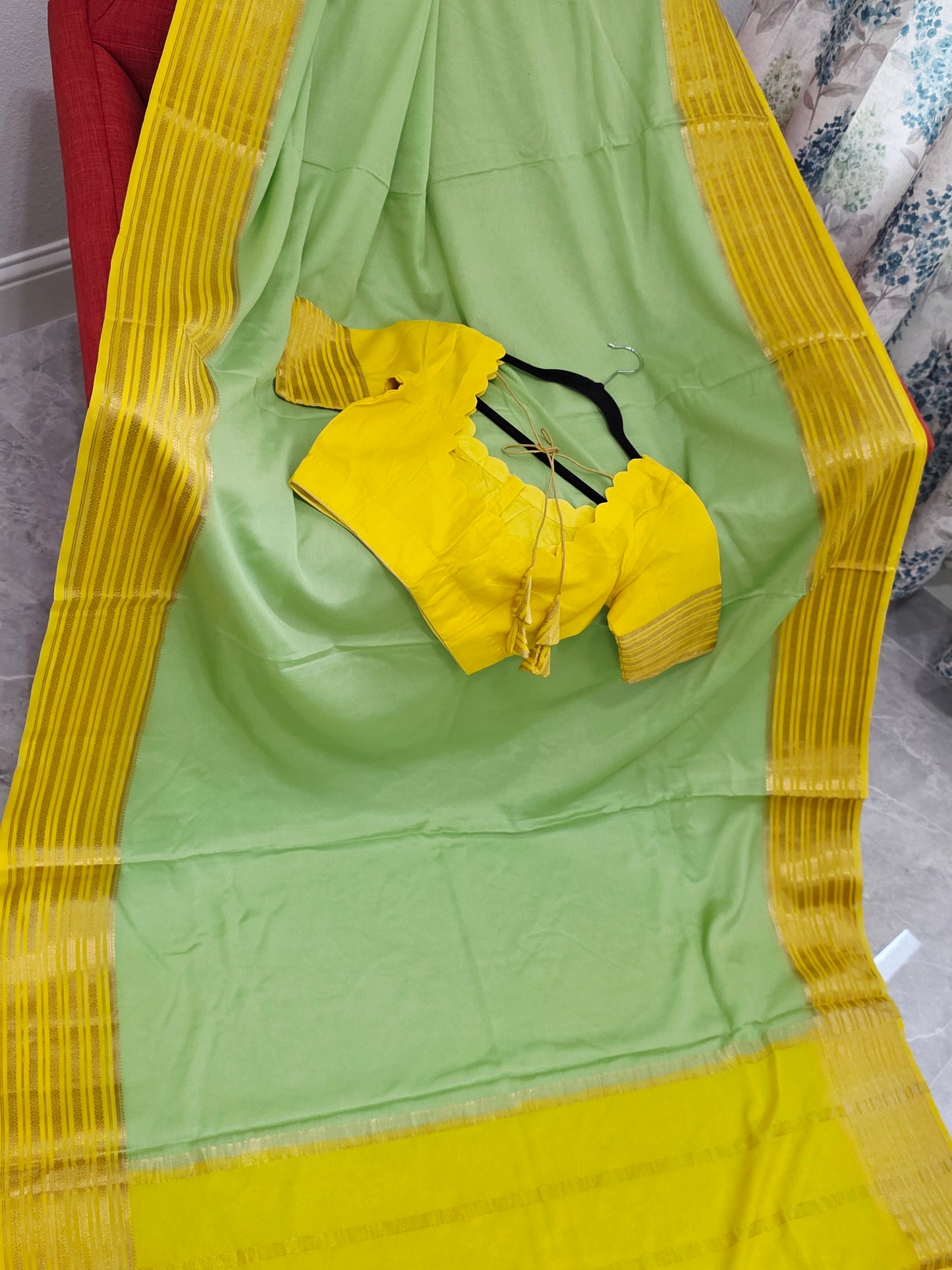 Pastel Pistachio & Sunshine Yellow Pure Mysore Crepe Silk Saree with Ready Blouse