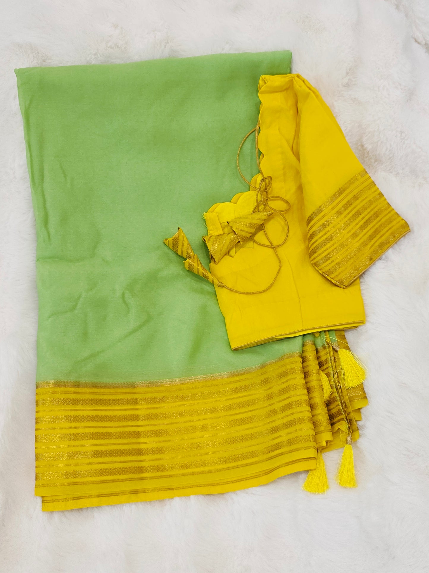 Pastel Pistachio & Sunshine Yellow Pure Mysore Crepe Silk Saree with Ready Blouse