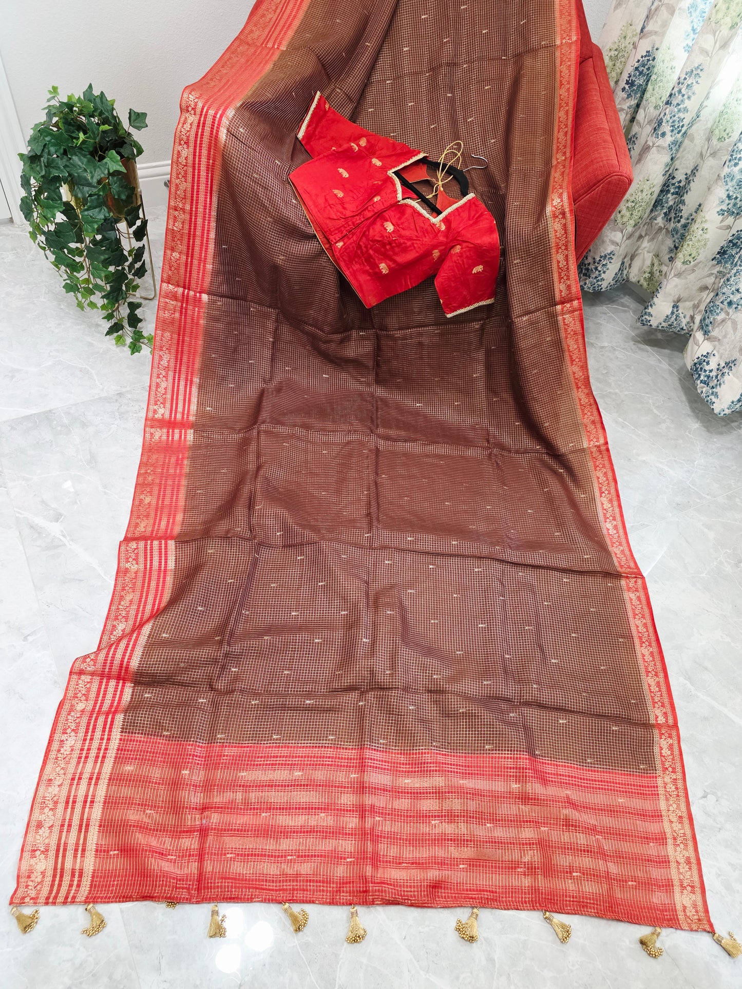 Chocolate Brown & Rustic Coral Russian Dola Crepe Silk Saree with Ready Blouse
