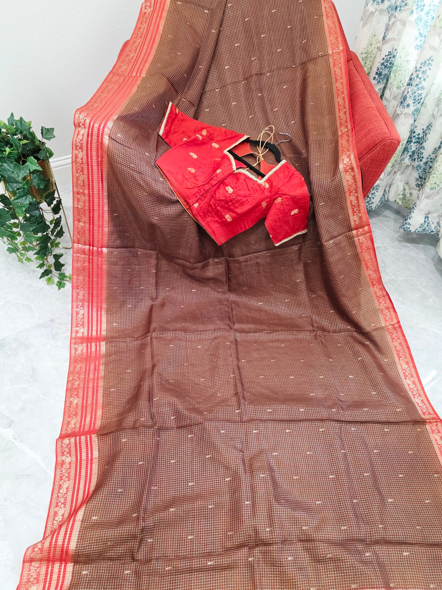 Chocolate Brown & Rustic Coral Russian Dola Crepe Silk Saree with Ready Blouse