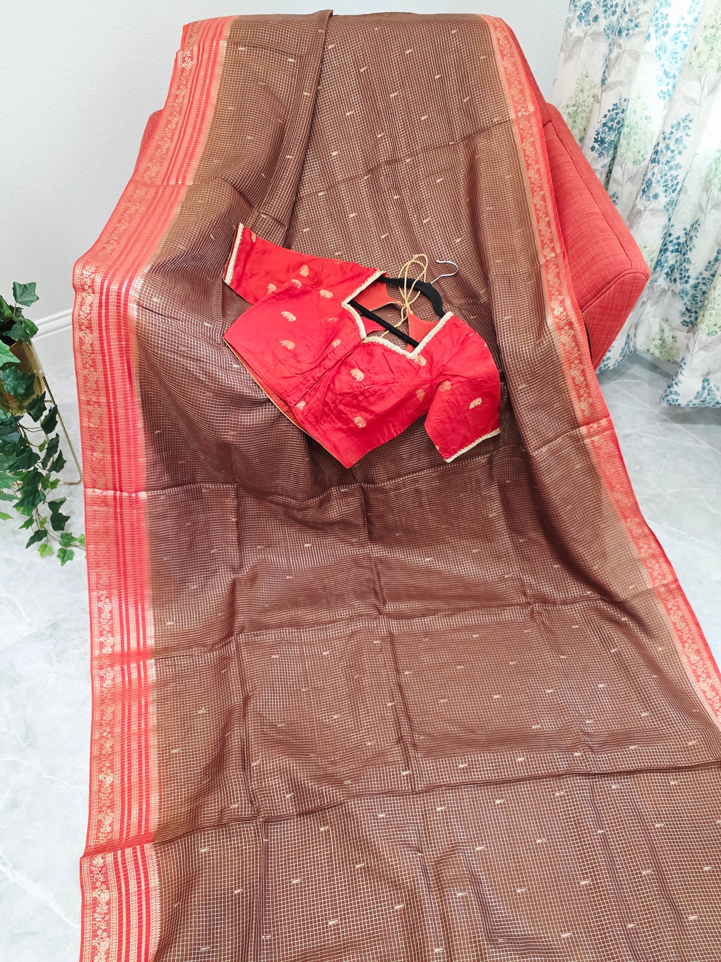 Chocolate Brown & Rustic Coral Russian Dola Crepe Silk Saree with Ready Blouse