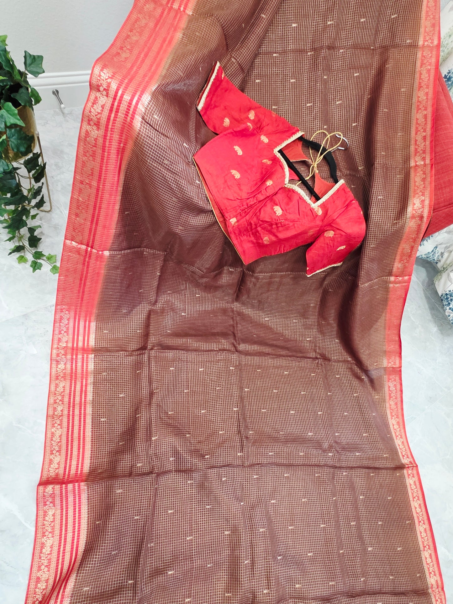 Chocolate Brown & Rustic Coral Russian Dola Crepe Silk Saree with Ready Blouse