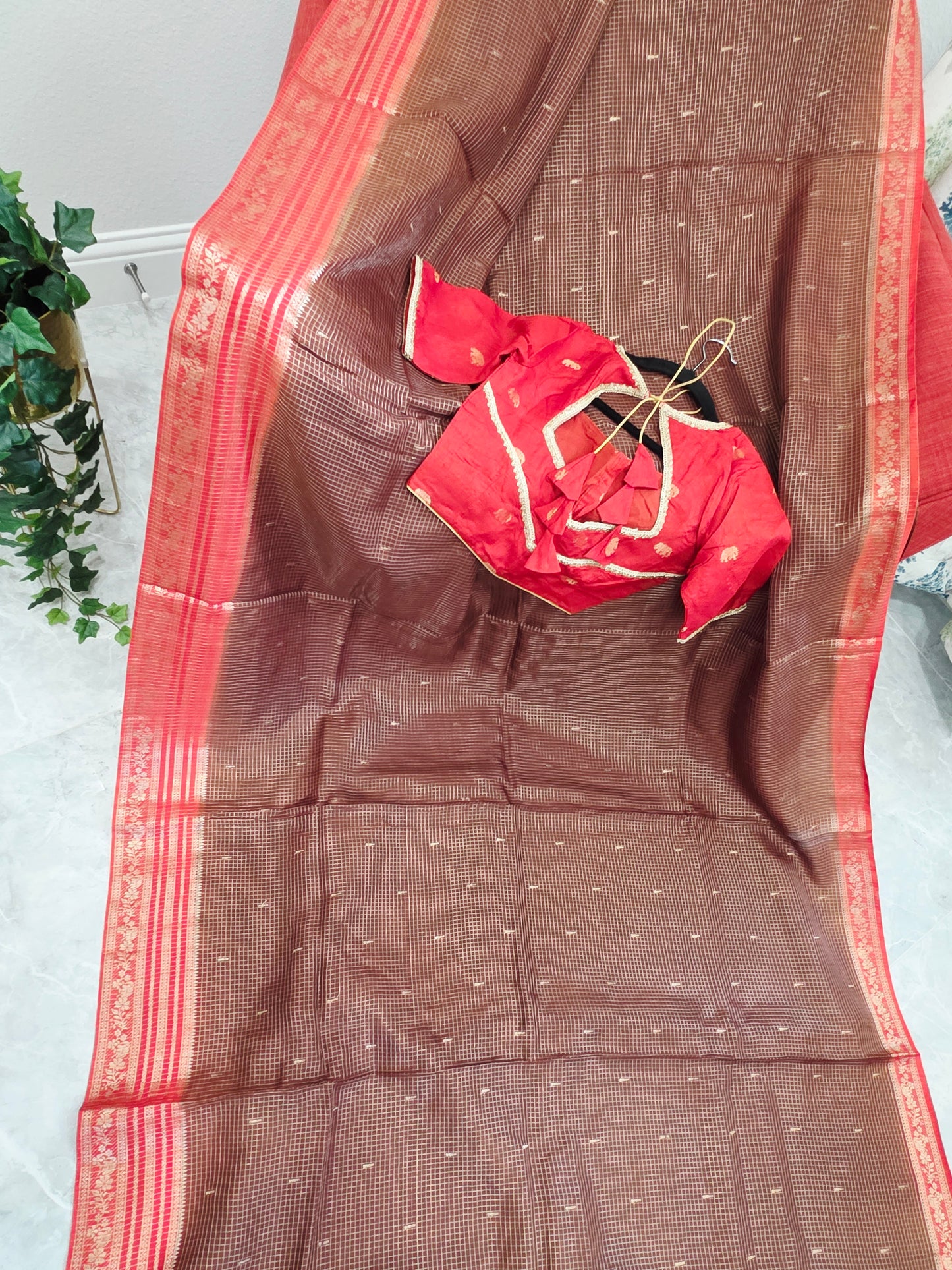 Chocolate Brown & Rustic Coral Russian Dola Crepe Silk Saree with Ready Blouse