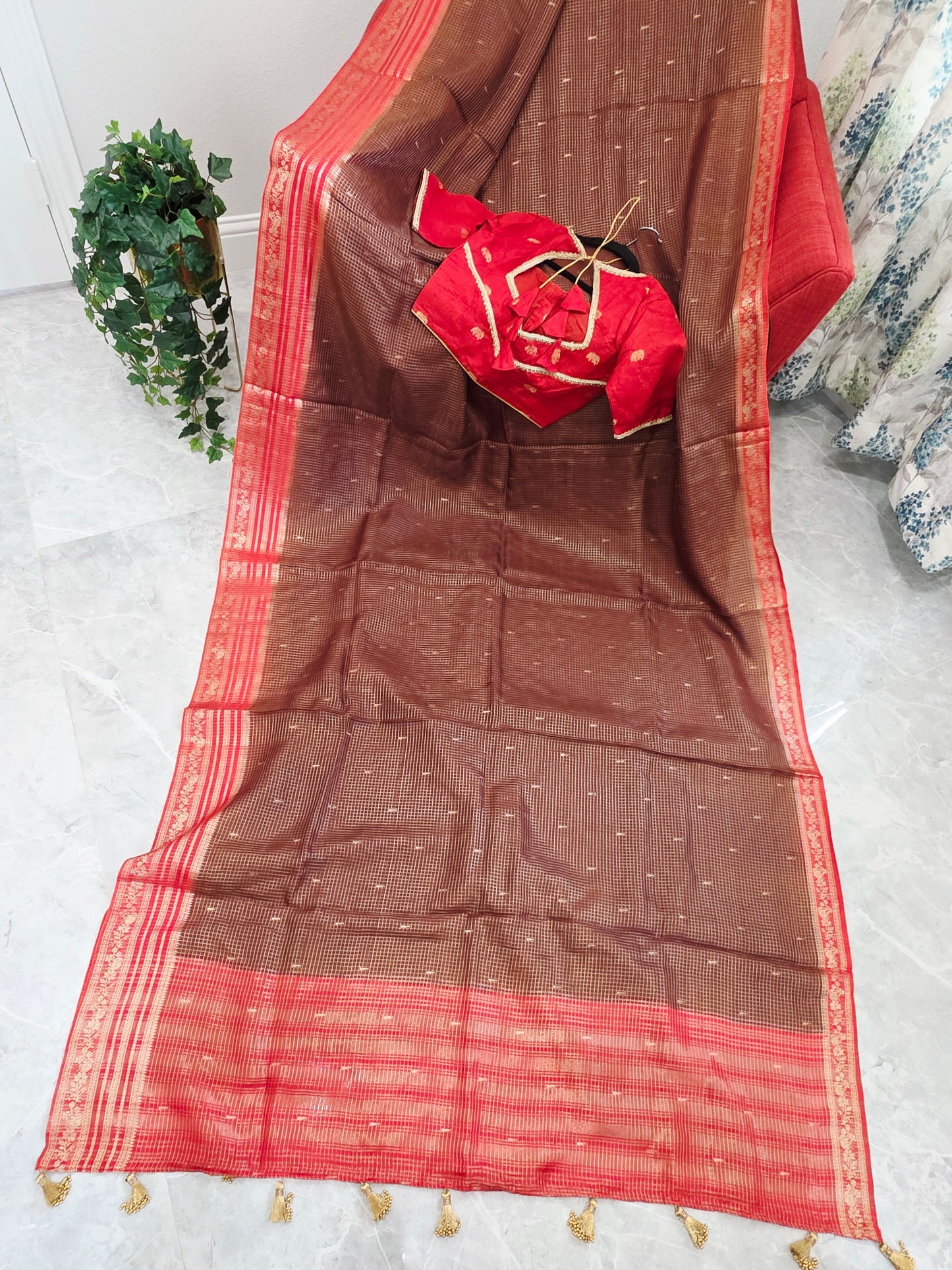 Chocolate Brown & Rustic Coral Russian Dola Crepe Silk Saree with Ready Blouse